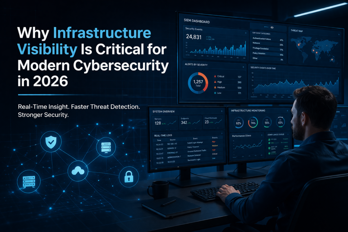 Modern cybersecurity monitoring Infrastructure visibility dashboards monitored by cybersecurity analysts in a modern security operations center